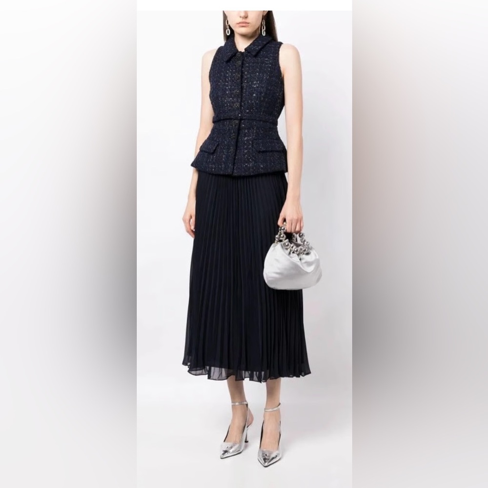 Self Portrait Boucle & Chiffon Midi Dress - Navy (UK10)